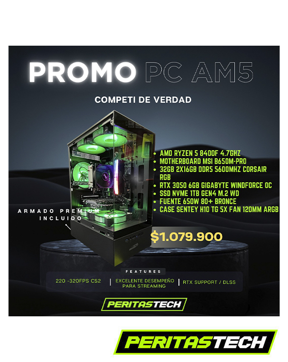 PROMO AM5 RYZEN 5 8400F / B650 / SSD 1TB M2 / 32GB 5600 RGB / RTX 3050 / 650W / H10 NEGRO CUBE 5 FANES