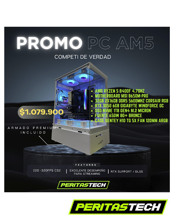 PROMO AM5 RYZEN 5 8400F / B650 / SSD 1TB M2 / 32GB 5600 RGB / RTX 3050 / 650W / H10 BLANCO CUBE 5 FANES
