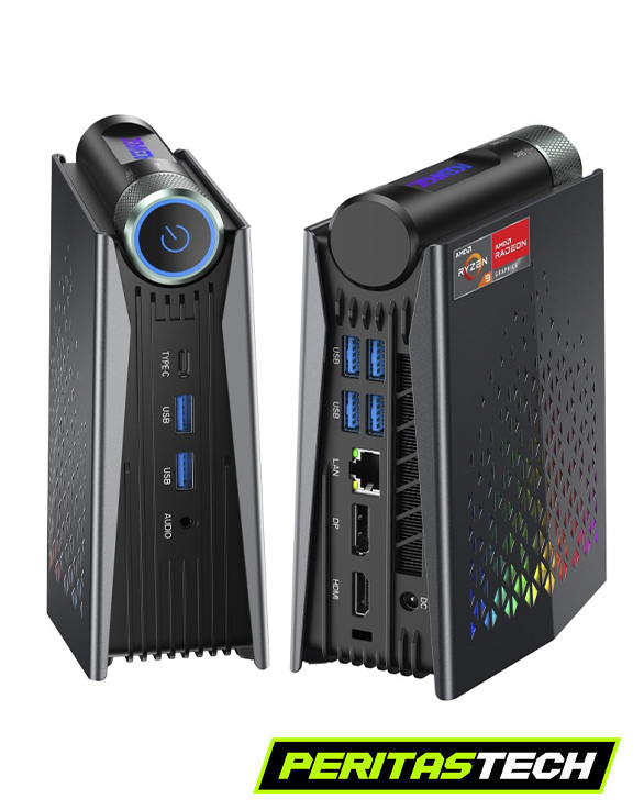 Mini PC Gamer de alto rendimiento con procesador AMD Ryzen 9 6900HX, 32GB de memoria RAM DDR5 y almacenamiento SSD de 1TB M.2. La imagen muestra el diseño compacto del equipo en color negro con detalles de iluminación LED RGB y vista de sus puertos de conectividad.