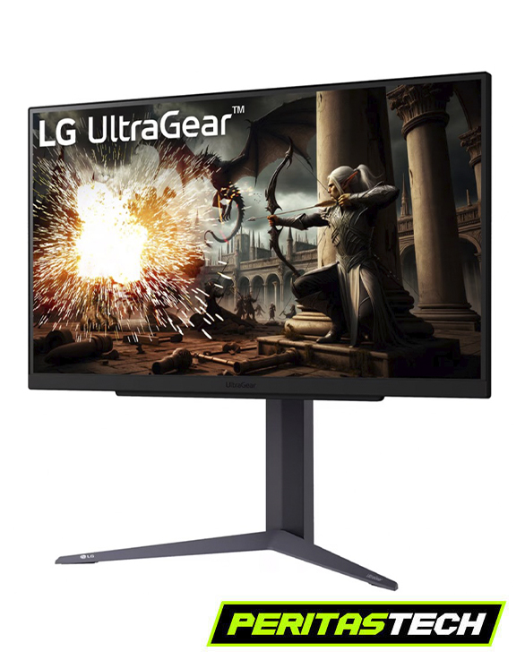 Monitor de juegos LG UltraGear MONITOR LG 27 ULTRAGEAR 27GS75Q-B IPS QHD 200 Hz con pantalla de fantasía y soporte ajustable. Incluye el logotipo de 'PERITAS TECH'. Ideal para configuraciones de juegos de PC de alto rendimiento.