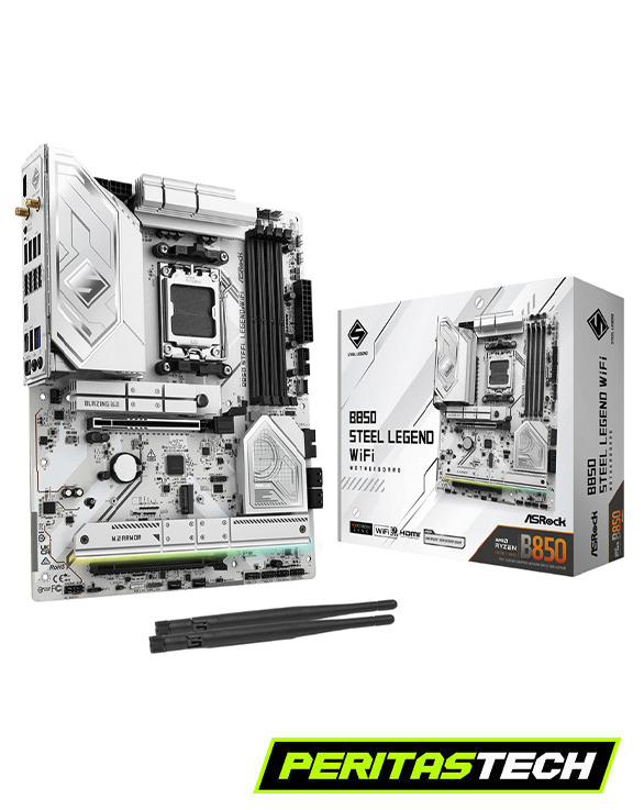 Motherboard ASRock B850 Steel Legend WiFi blanca con su caja de empaque y antenas sobre un fondo blanco