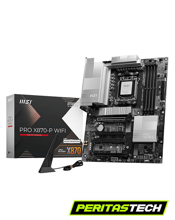 Imagen de la placa base MSI PRO X870-P WIFI con su caja de venta al por menor, antena Wi-Fi y cables sobre un fondo blanco