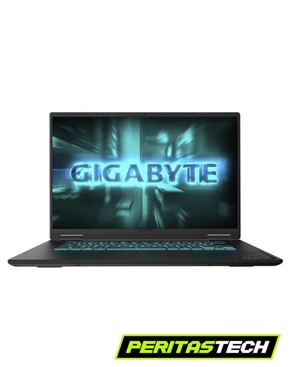 notebook de la marca gigabyte en color negro con teclado retroiluminado, la misma contiene procesador ryzen 7 16gb ssd1tb y una rtx 5070 el de 16 pulgadas y pantalla de 165hz