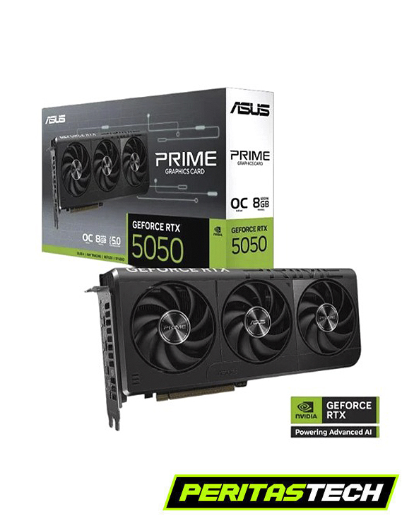 Placa de video NVIDIA GeForce RTX 5050 Asus Prime OC Edition con 8GB GDDR6, mostrando su diseño de cubierta color negro con tres fanes de refrigeración, acompañada al fondo por su caja de empaque original con detalles en verde y blanco y la inscripción Prime Graphics Card.