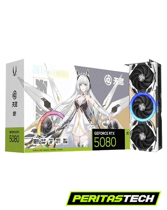Caja de placa de video Zotac Gaming GeForce RTX 5080 de 16GB junto a la placa de tres ventiladores en color blanco con detalles dorados e iluminación RGB. La caja presenta un diseño estilo anime con un personaje femenino de cabello blanco.