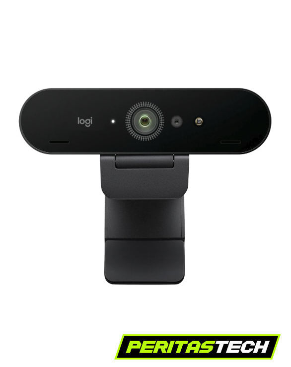 Webcam Logitech Brio 4K de frente con su lente central y clip de sujeción negro
