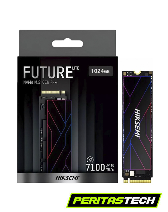 se muestra disco ssd m.2 color negro de la linea hiksemi future lt en su caja color negro
