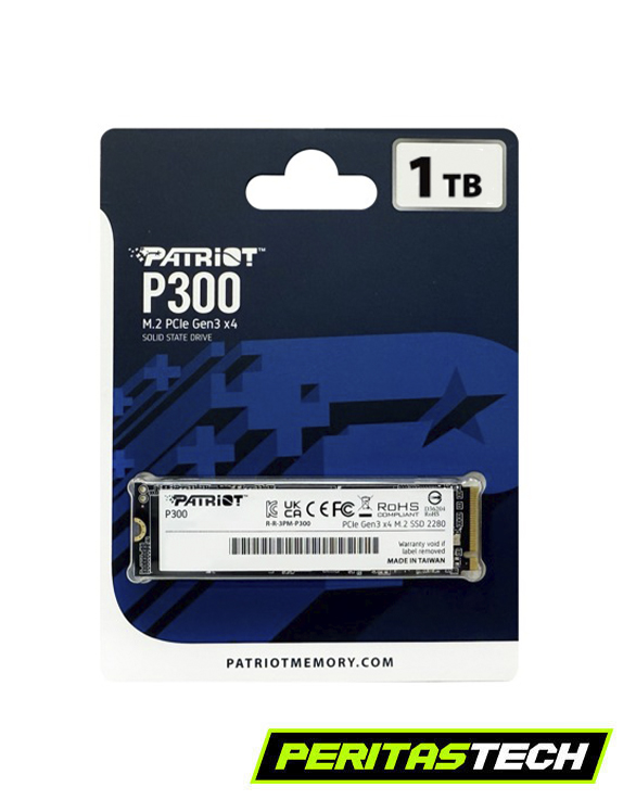 disco ssf 1tb m.2 modelo p300 de la marca patriot en blister de color azul y el disco es de color negro