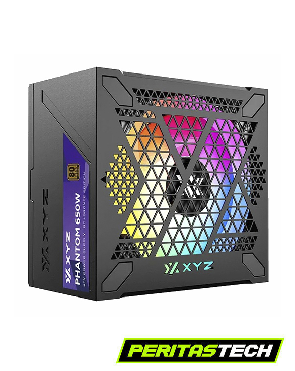 Fuente de alimentación para PC XYZ Phantom 650W 80 Plus Bronce con ventilador ARGB encendido, logo de Peritastech en fondo blanco.