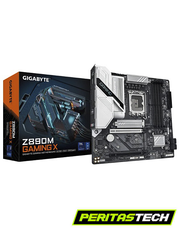 Motherboard Gigabyte Z890M Gaming X junto a su caja original sobre fondo blanco, con el logo de Peritastech abajo a la derecha.