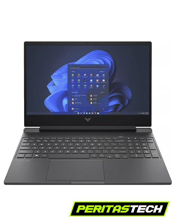 notebook hp victus amd ryzen modelo fb3093dx se excibe abierta en color gris con teclado numerico retroluminado