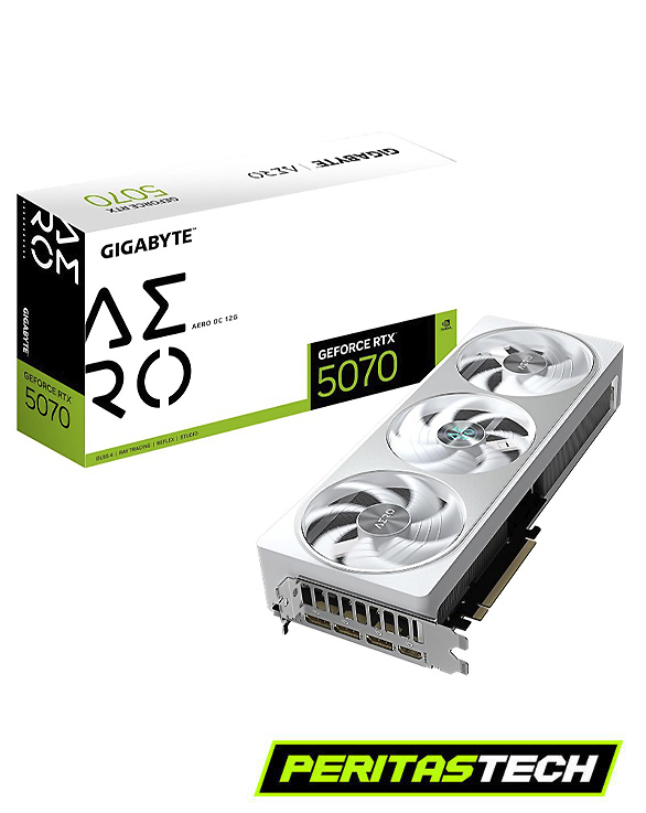 placa de video rtx 5070 12gb de la marca gigabyte aero de fanes color blanca