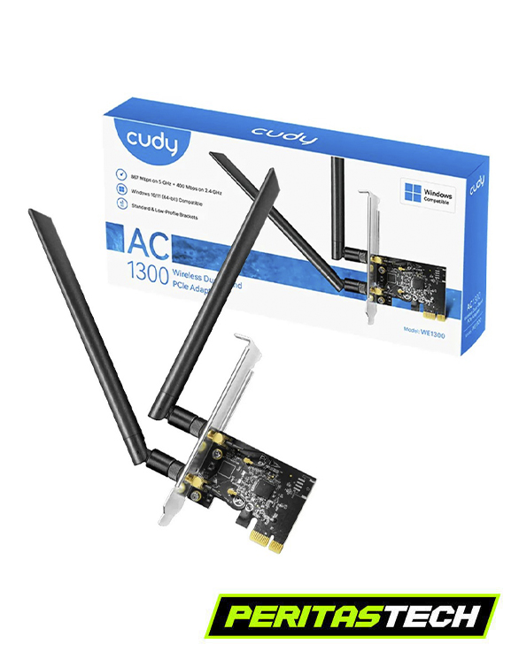 placa de red wifi dual de doble antena color negro con su caja color blanca y azul