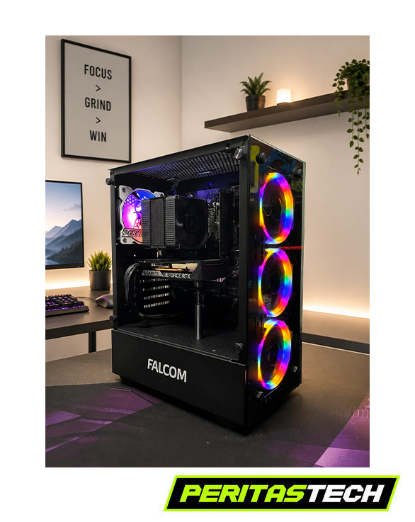 Un gabinete de PC gamer marca FALCOM de color negro con panel lateral de vidrio templado, ubicado sobre un escritorio. Se destacan tres ventiladores frontales y uno trasero con iluminación LED RGB de colores. En el interior se ven componentes como la tarjeta gráfica y la placa base.