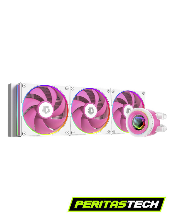WATERCOOLING DE 360" EN COLOR BLANCO CON ASPAS ROSADAS Y BORDES EN LUCES RGB DE LA MARCA ID COOLING